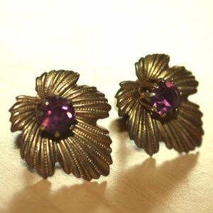 Vintage purple leaf earrings with amethyst